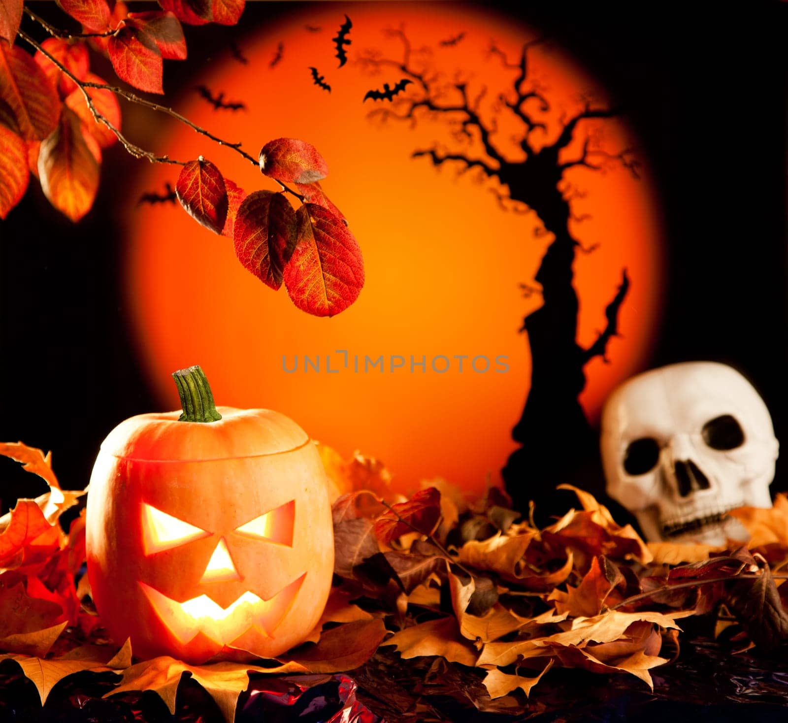 Halloween orange pumpkin lantern with autumn leaves