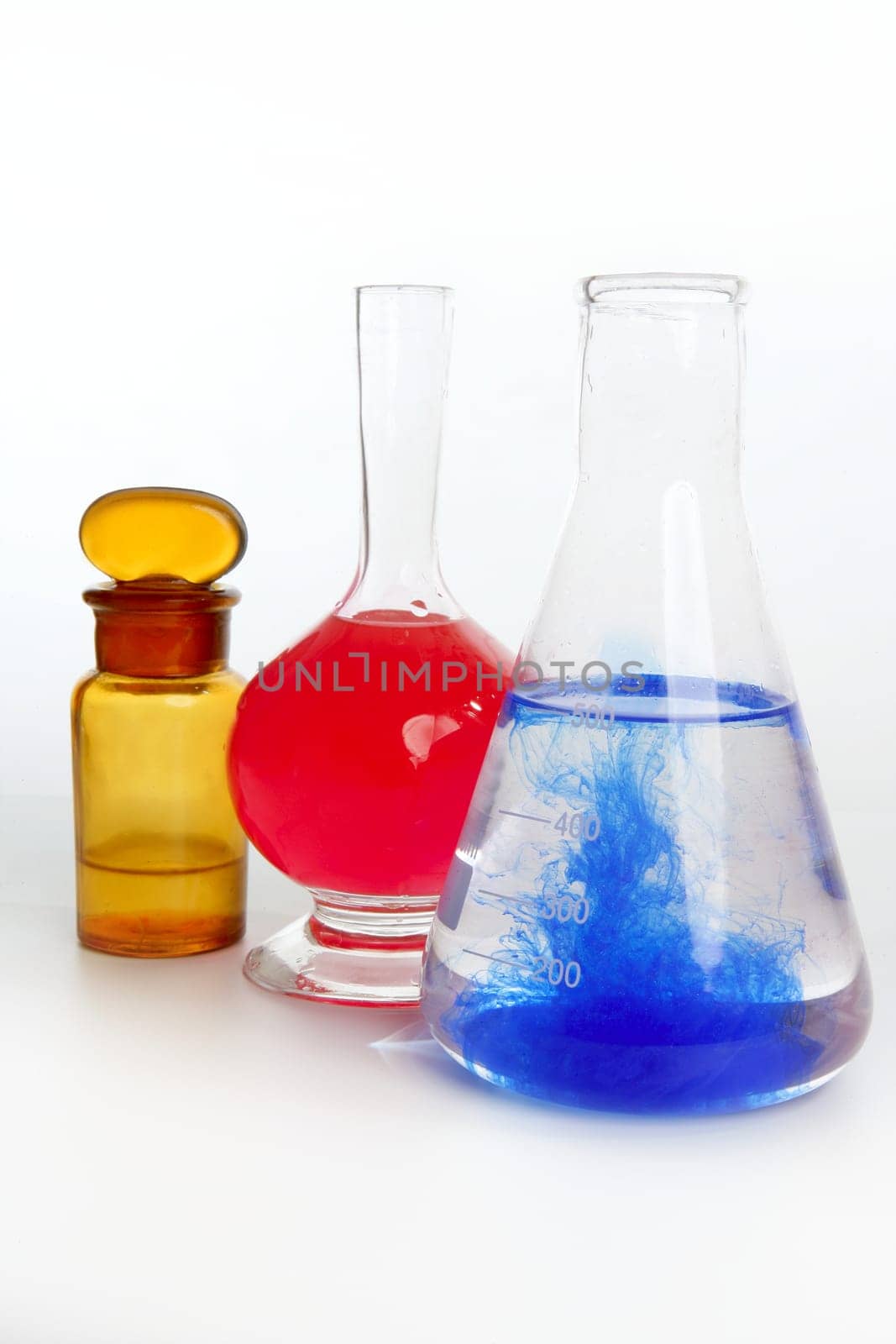 Chemist research laboratory with chemical colorful equipment over white