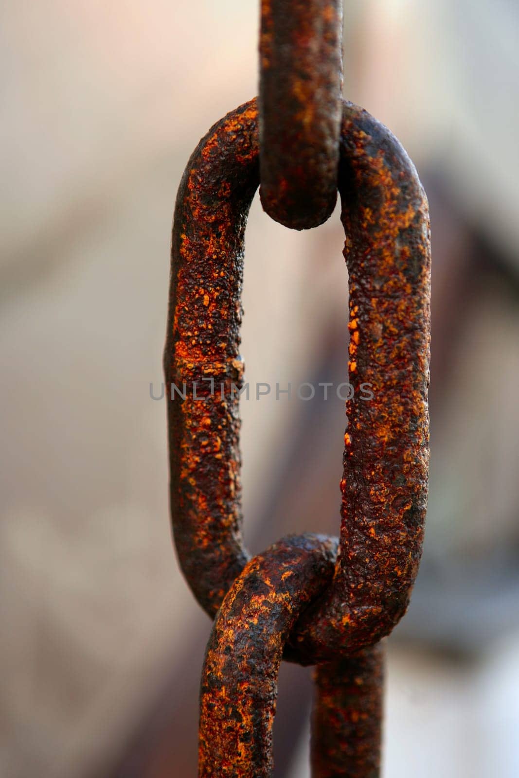 Macro chain link, rusted steel. Marine environment