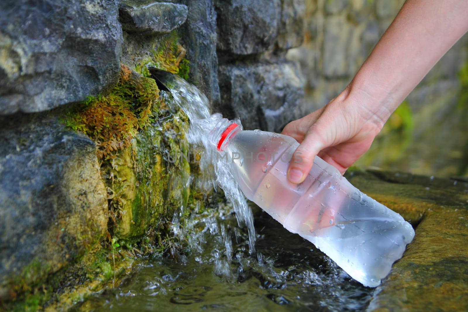source of spring water bottle filling holding hand in Pyrenees mountain