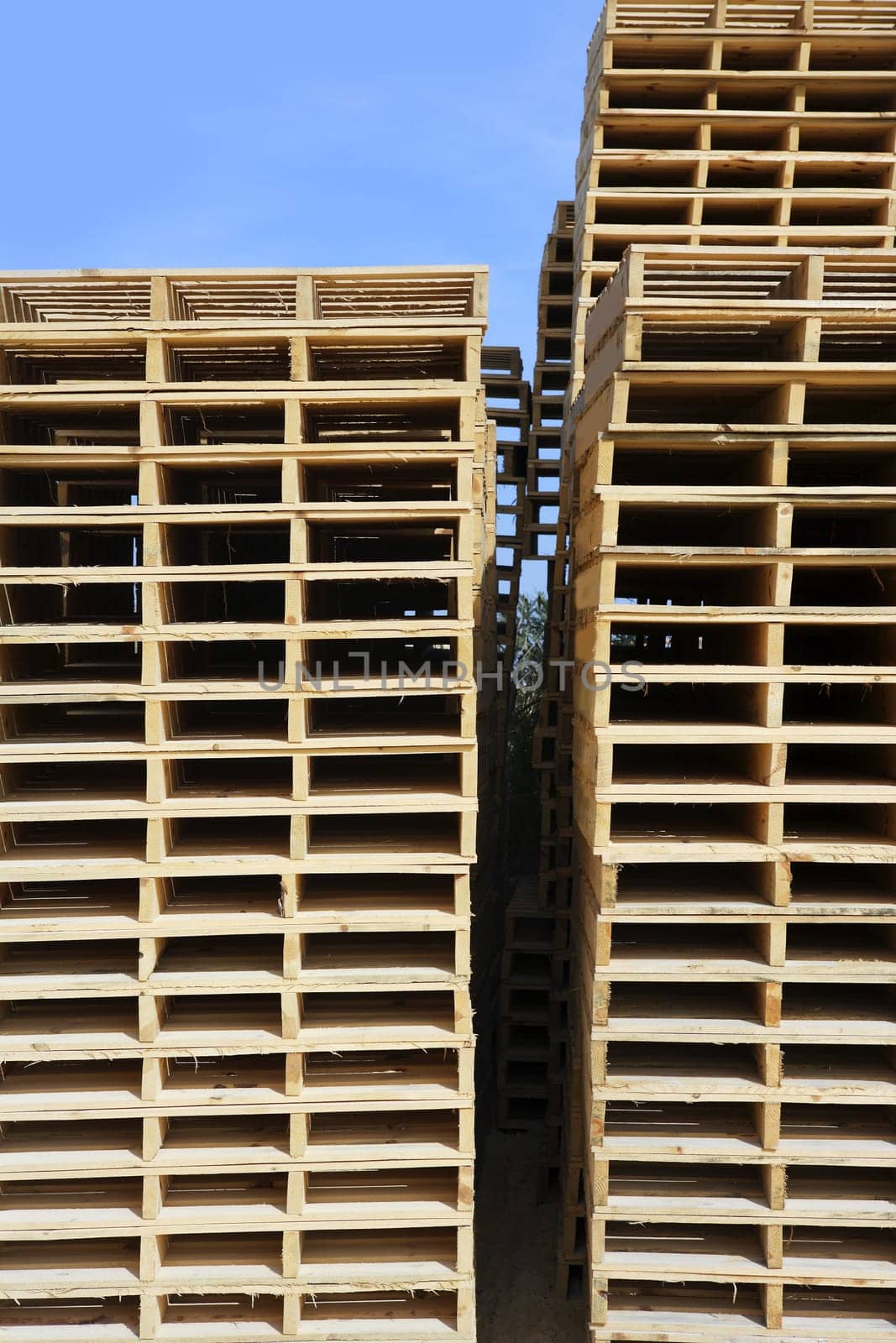 wooden pallets stacked blue sky industry storage transport