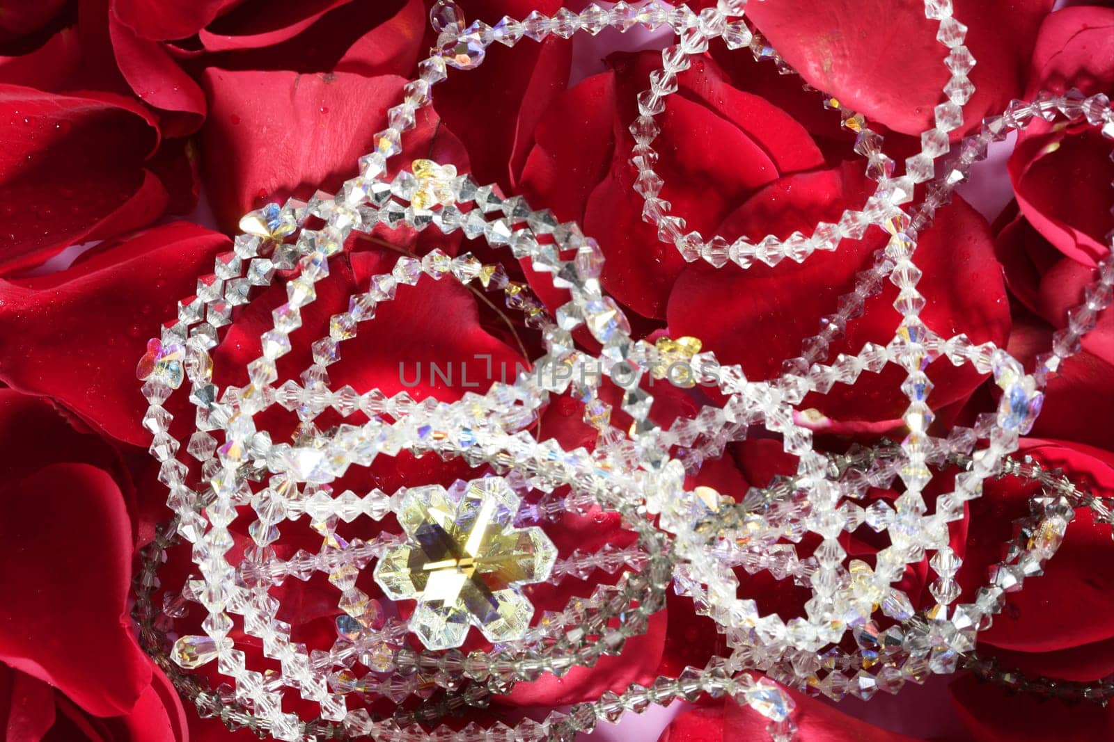 Shiny jewelry over bed or red rose petals