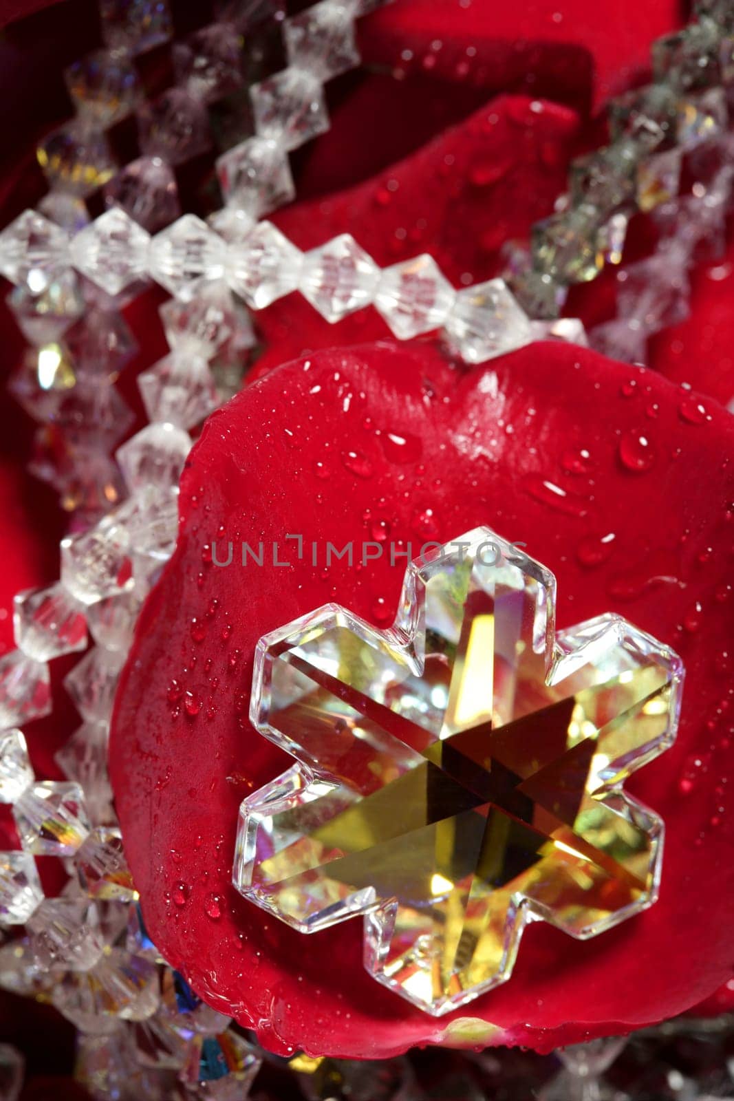 Shiny jewelry over bed or red rose petals