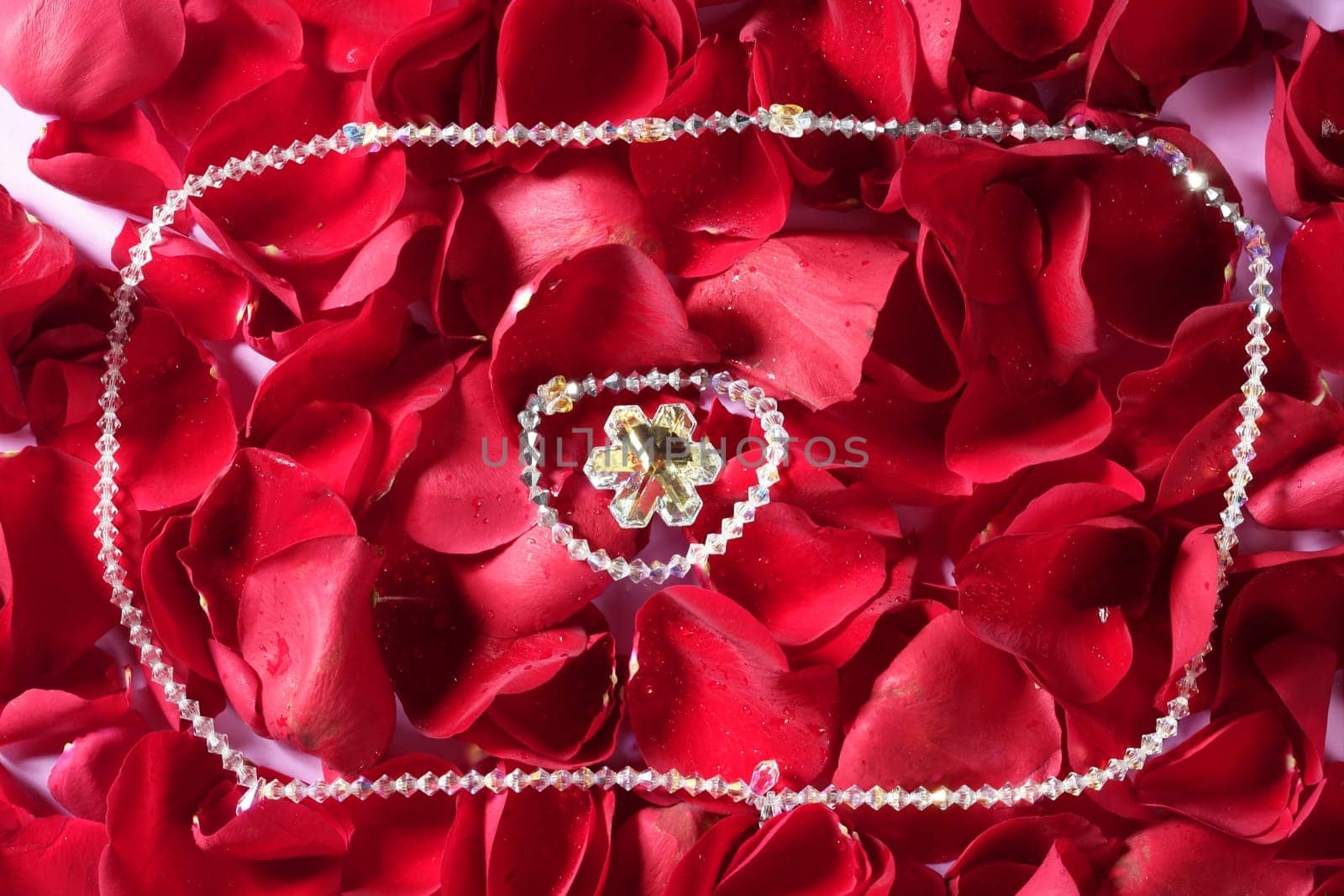 Shiny jewelry over bed or red rose petals