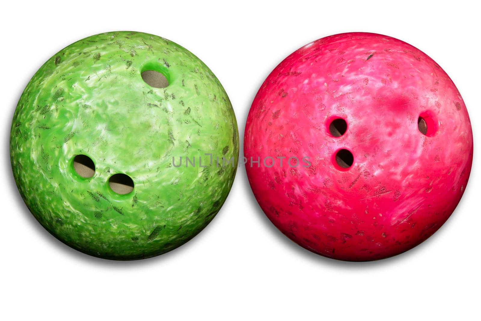 Bowling balls red an green isolated on white background