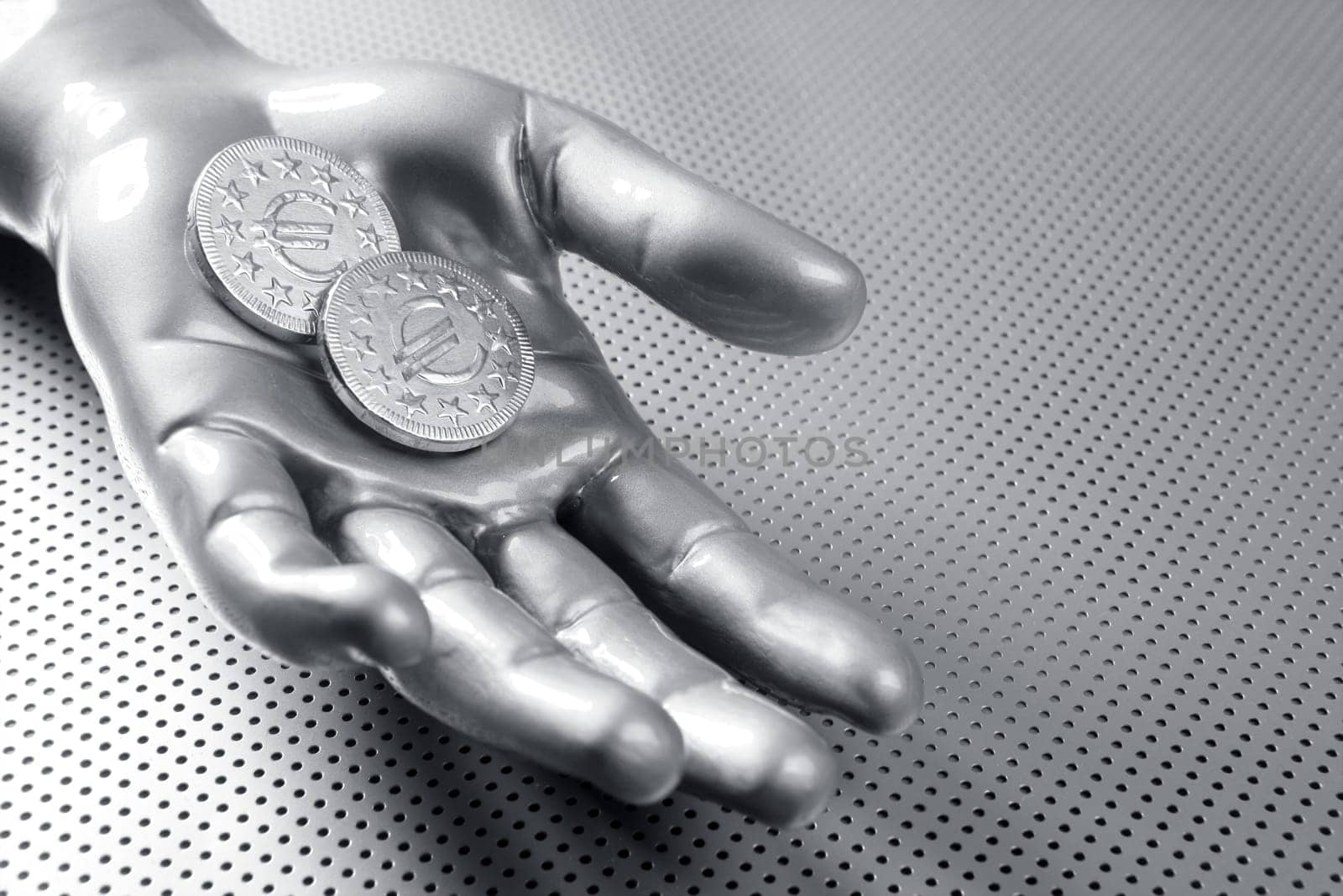 futuristic euro business coin in silver hand aluminum background