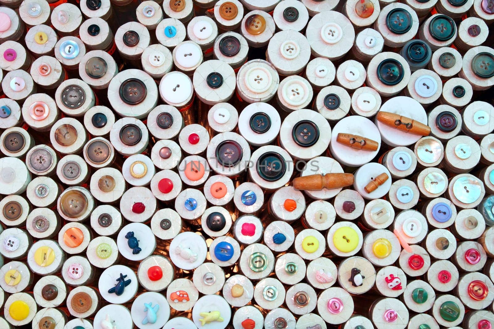buttons in haberdashery retail shop colorful pattern background
