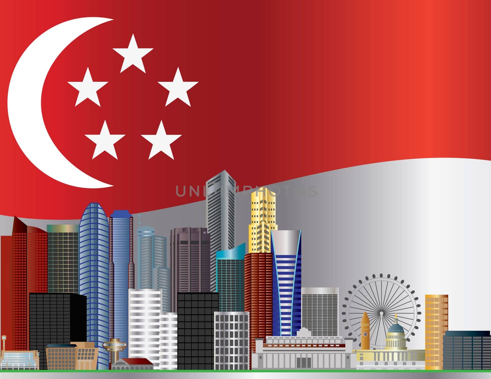 Singapore City Skyline with Singapore Flag Background Illustration