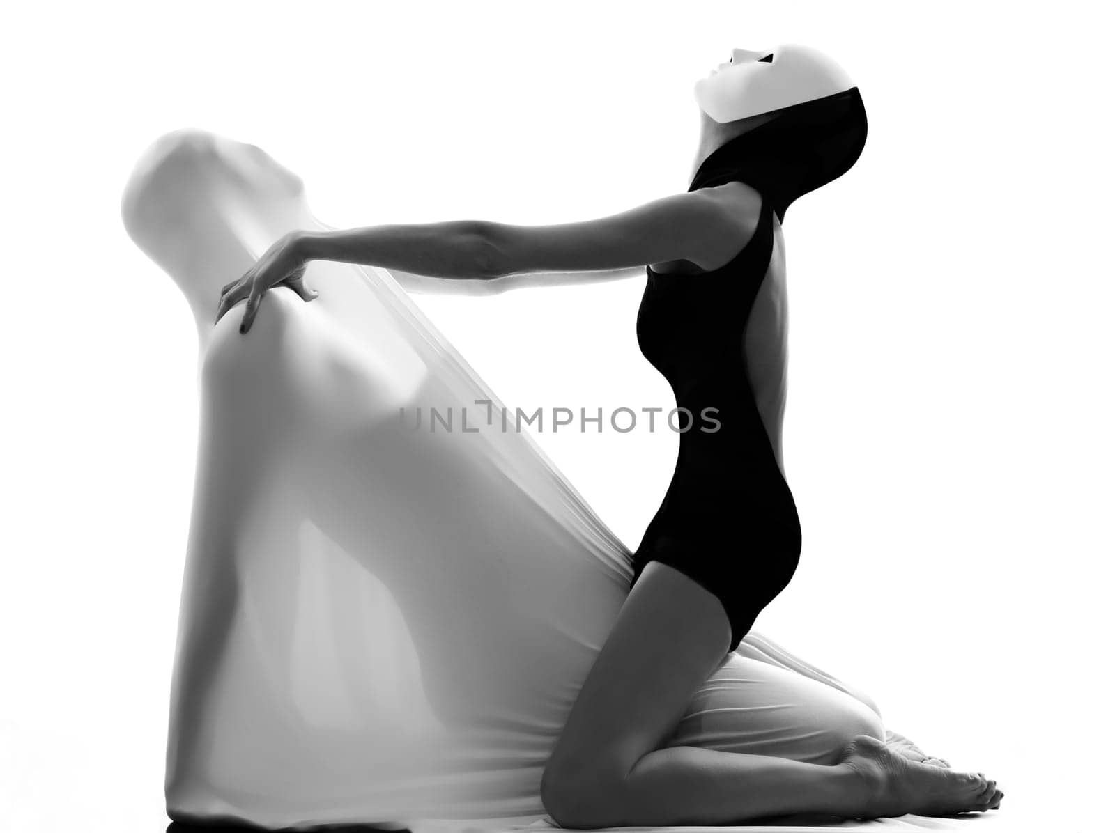 dancer performer mime with mask acting couple lovers conceptual in studio isolated on white background
