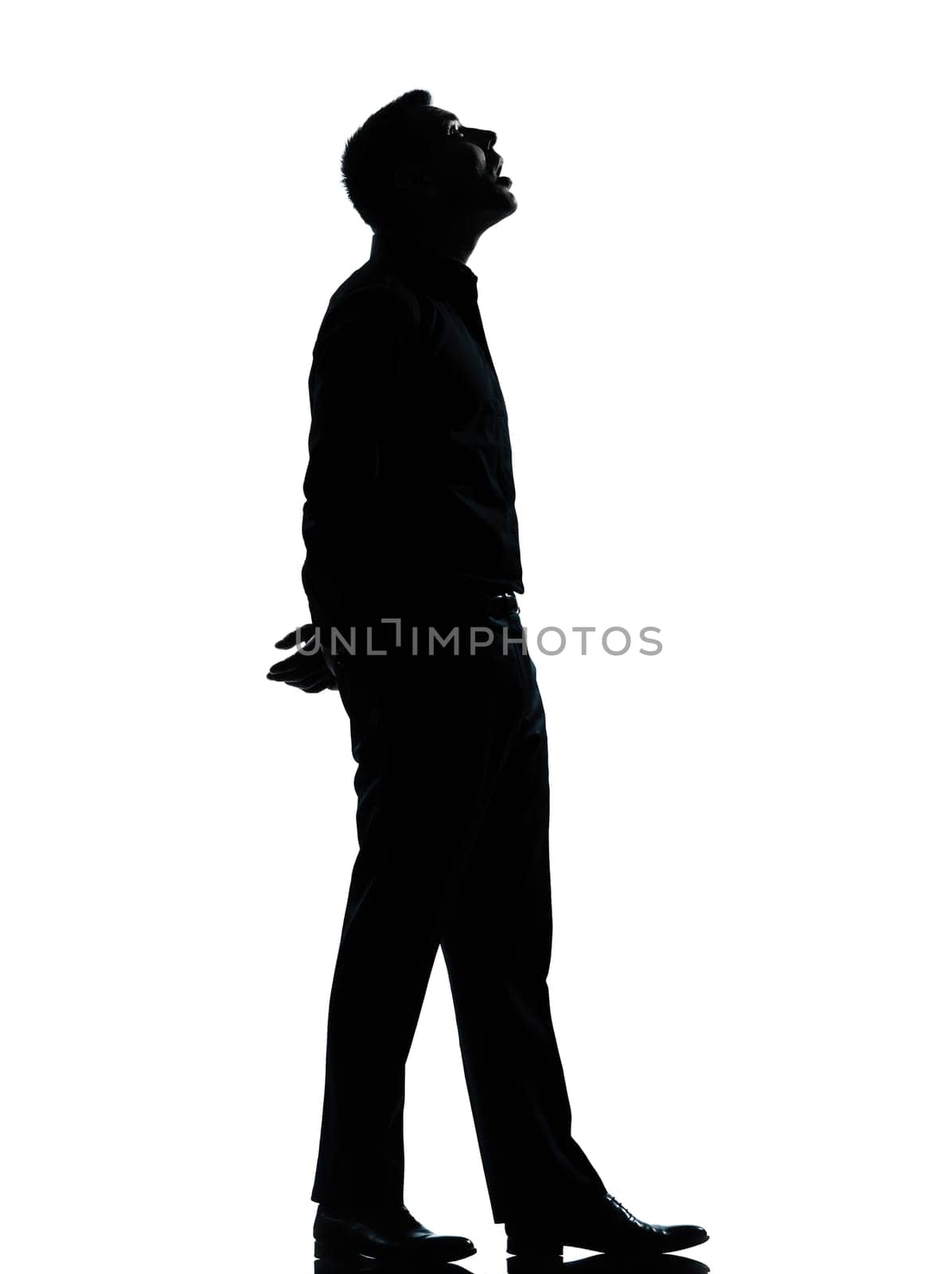 one caucasian business man looking up mouth open  silhouette Full length in studio isolated on white background