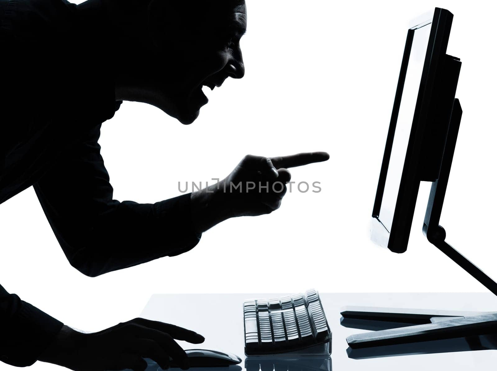 one caucasian business man computing computer  happy success portrait silhouette in studio isolated on white background