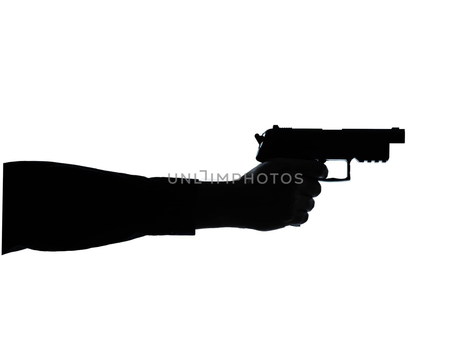 one caucasian close up detail one man hand aiming gun silhouette in studio isolated on white background