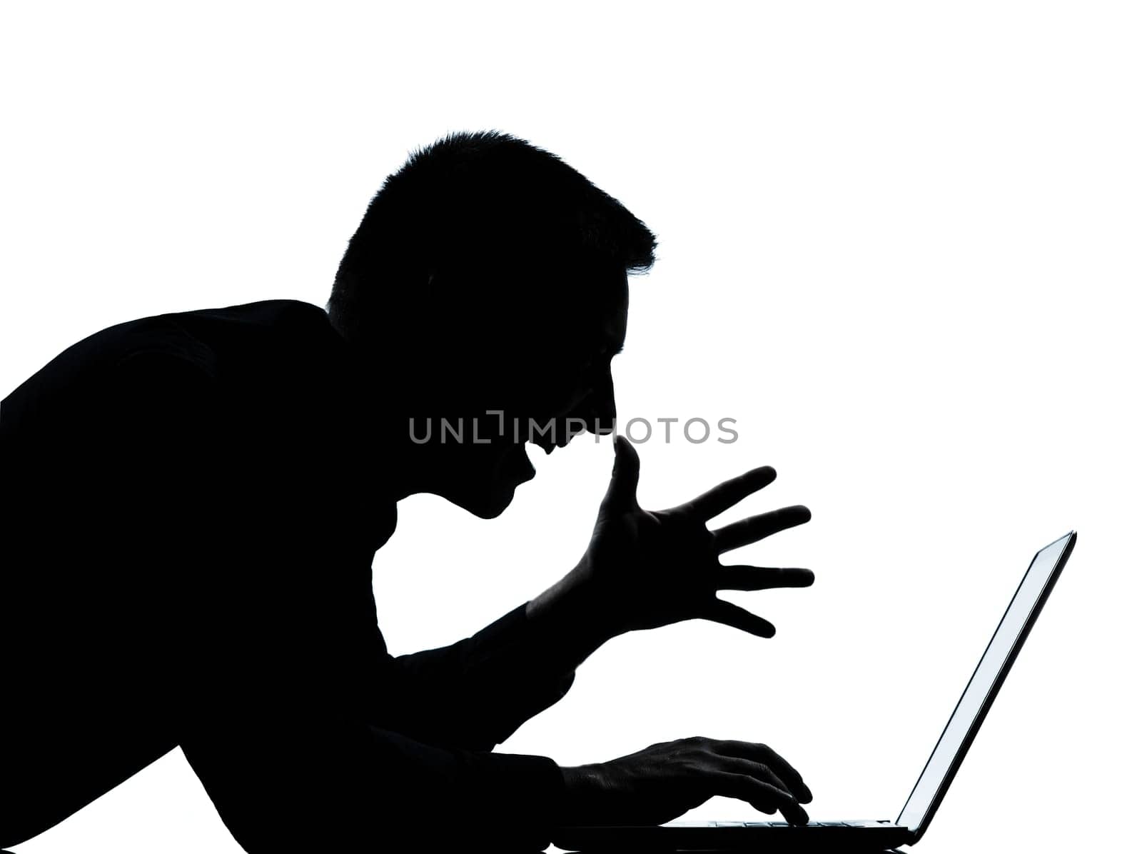 one caucasian business man computing computer laptop happy portrait silhouette in studio isolated on white background