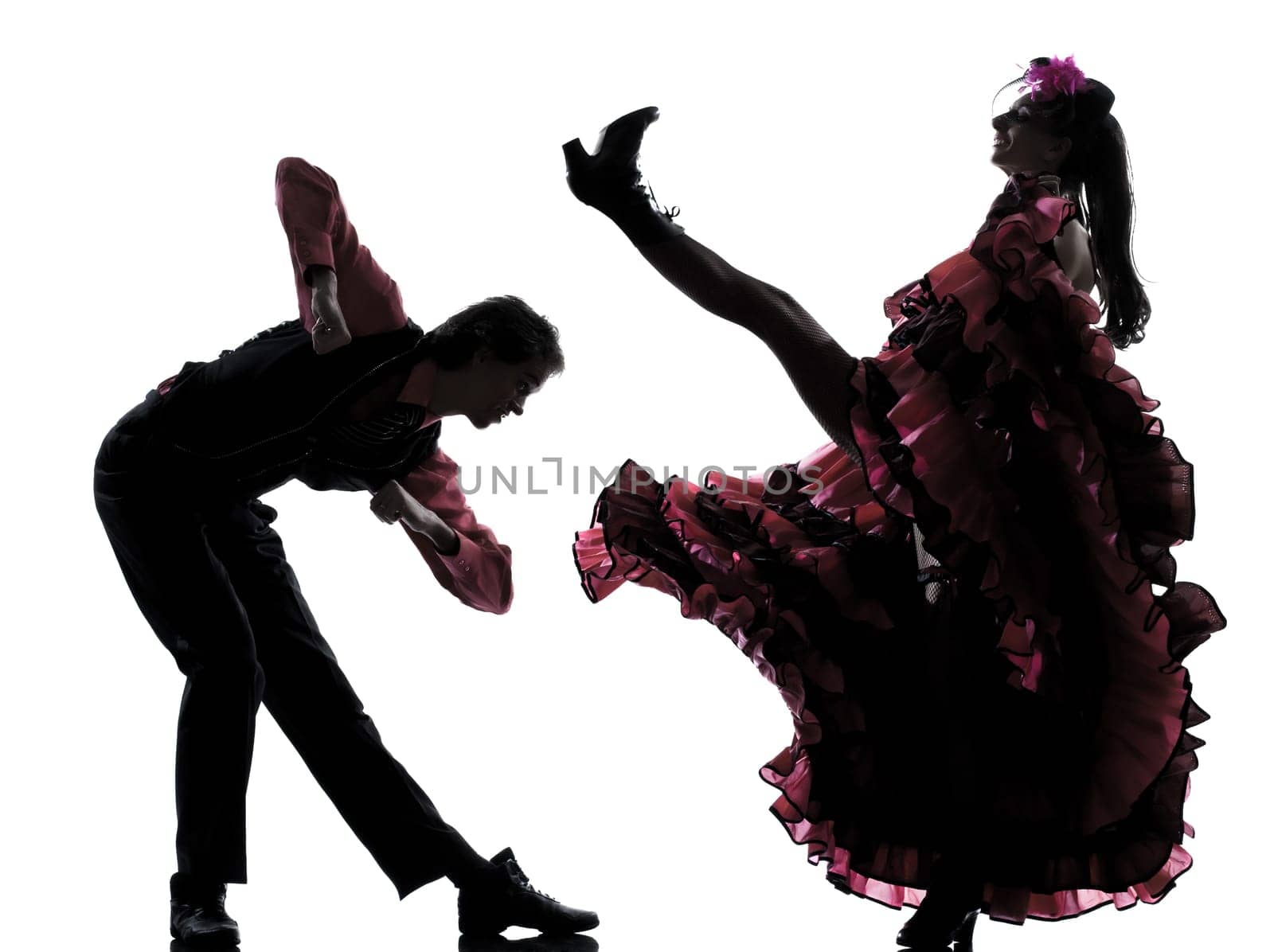 couple man woman dancer dancing french cancan in studio isolated on white background