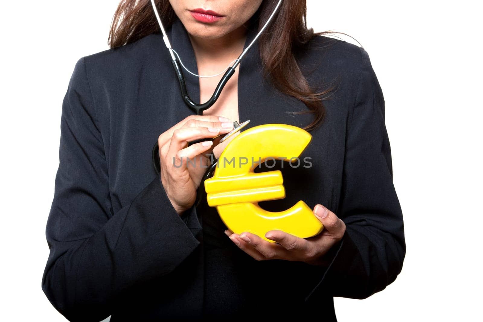 Closeup of woman examining euro in studio isolated on background