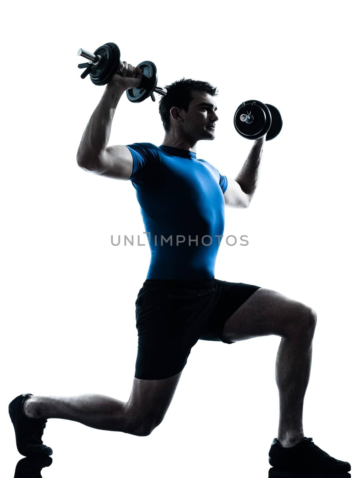 one caucasian man exercising weight training workout fitness in silhouette studio  isolated on white background
