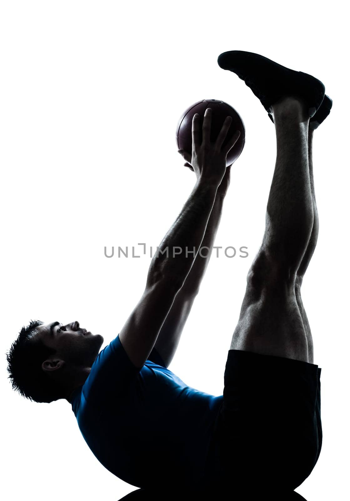 one caucasian man exercising workout holding fitness ball posture in silhouette studio  isolated on white background