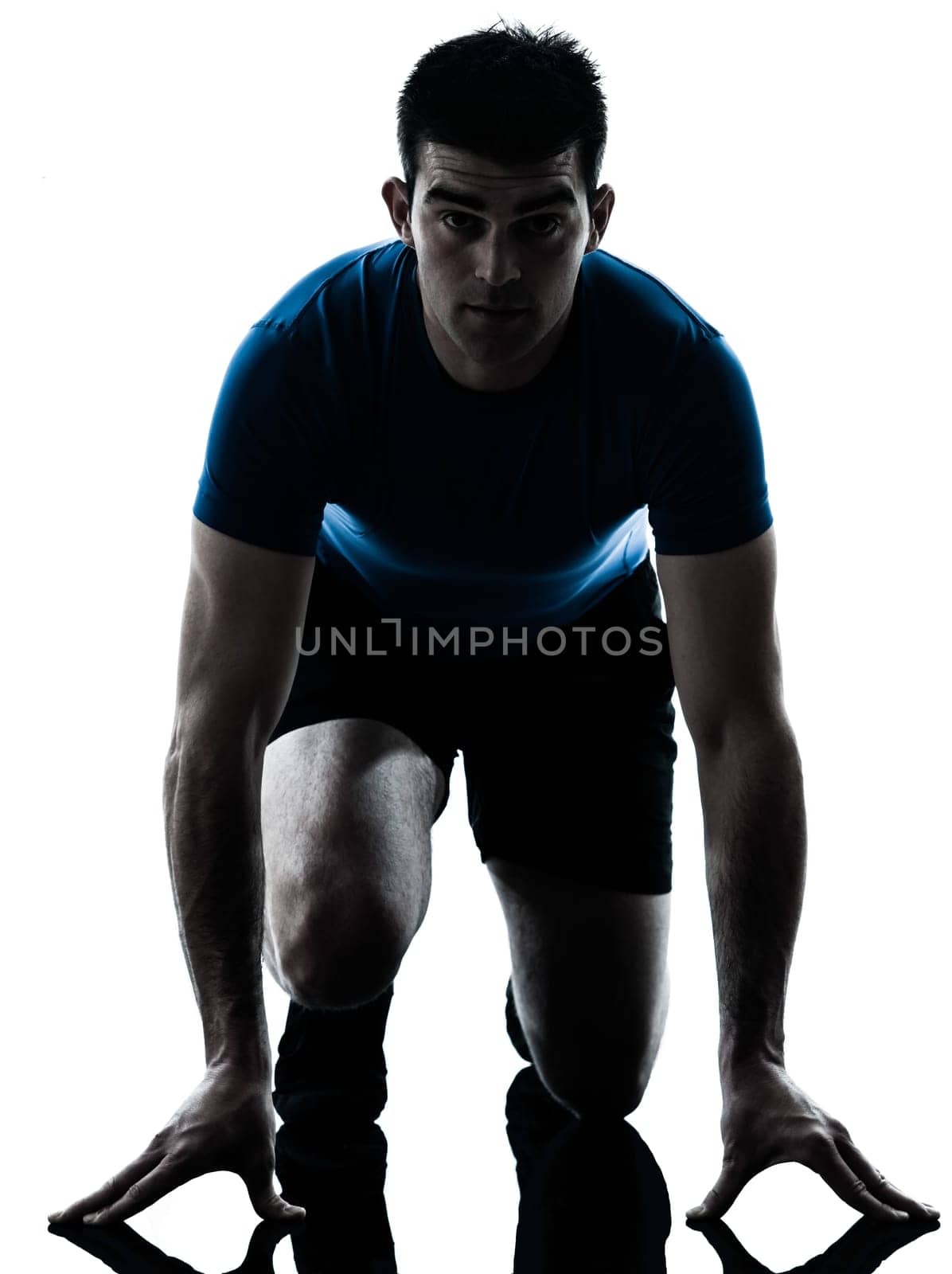 one caucasian man runner running sprinter sprinting  in silhouette studio  isolated on white background