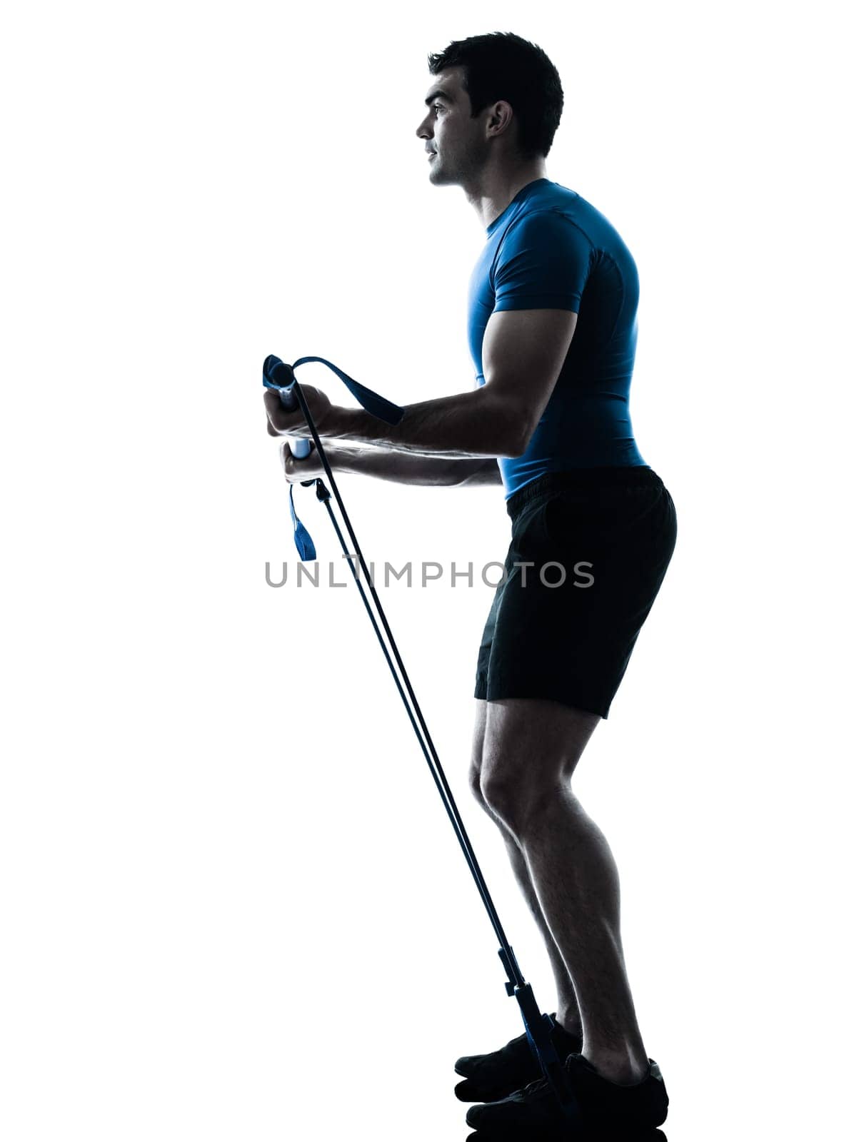 one caucasian man exercising workout fitness in silhouette studio  isolated on white background