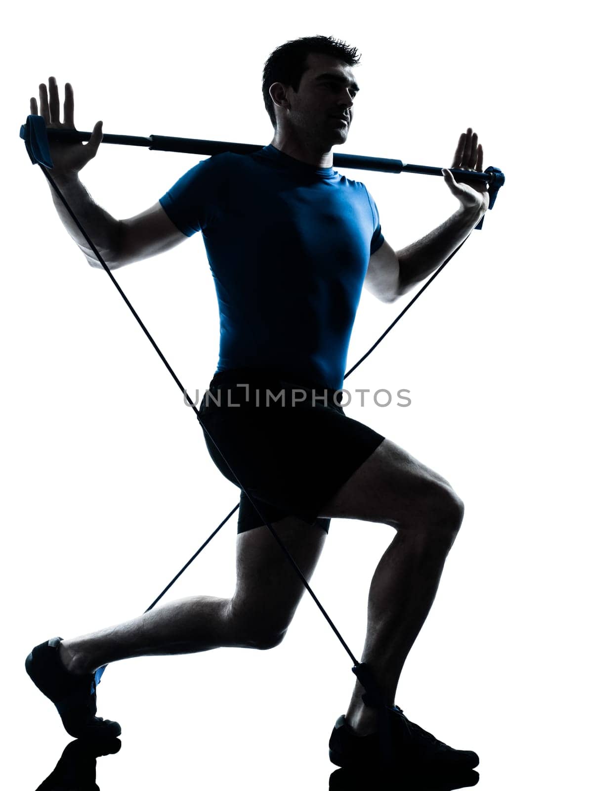 one caucasian man exercising gymstick workout fitness in silhouette studio  isolated on white background