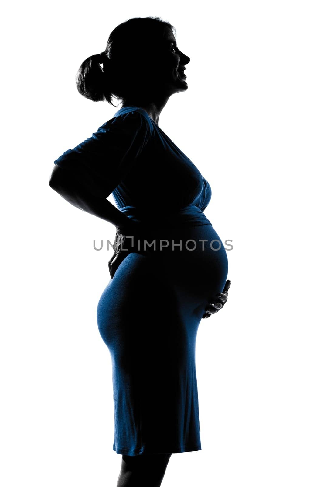 beautiful caucasian pregnant woman in silhouette on studio isolated white background