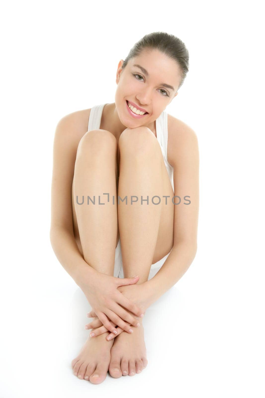 Clean young sit woman studio lifestyle portrait over white
