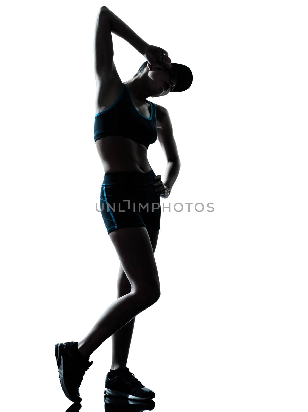 one caucasian woman runner jogger tired breathless in silhouette studio isolated on white background