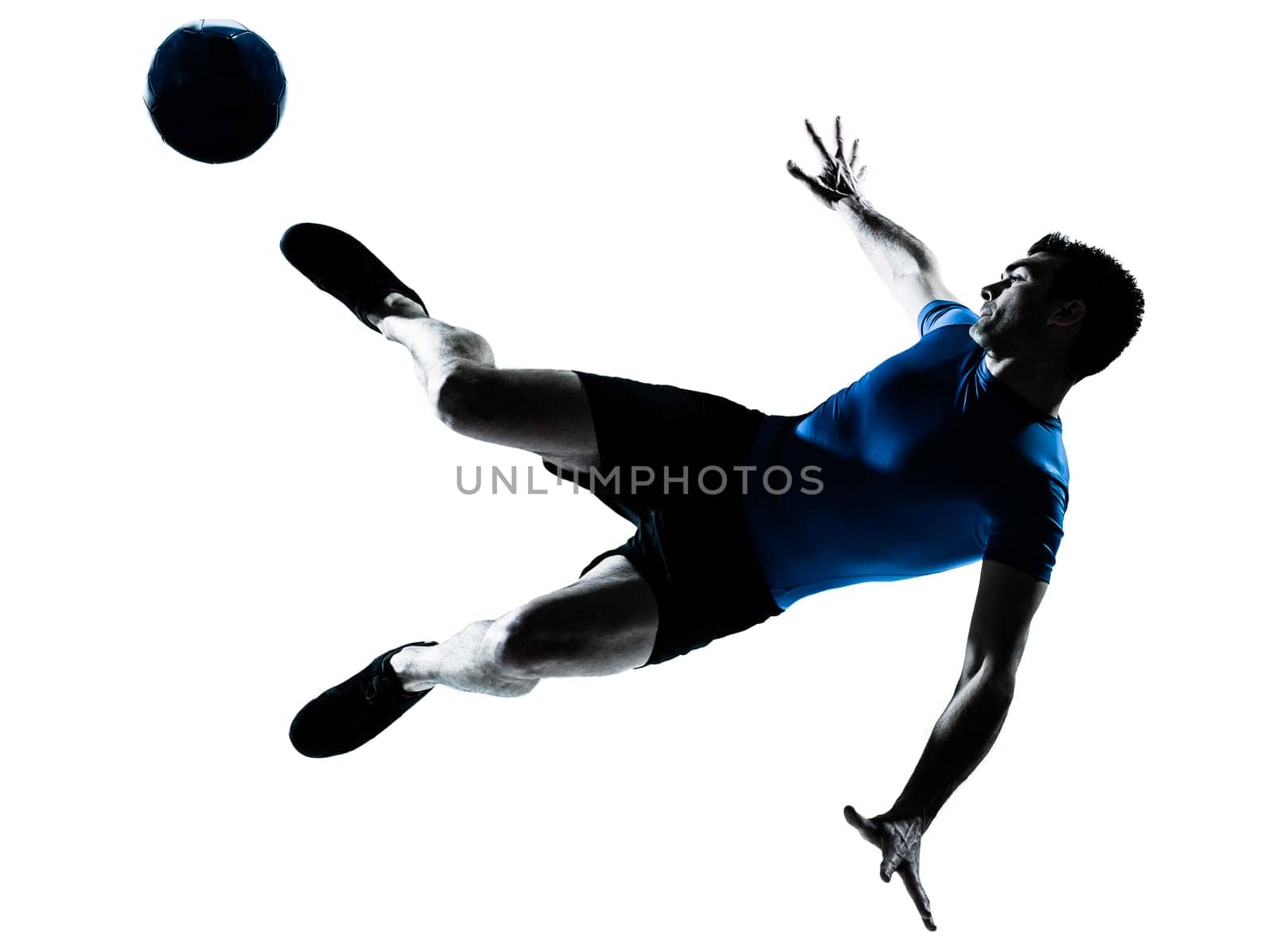 one caucasian man flying kicking playing soccer football player silhouette  in studio isolated on white background