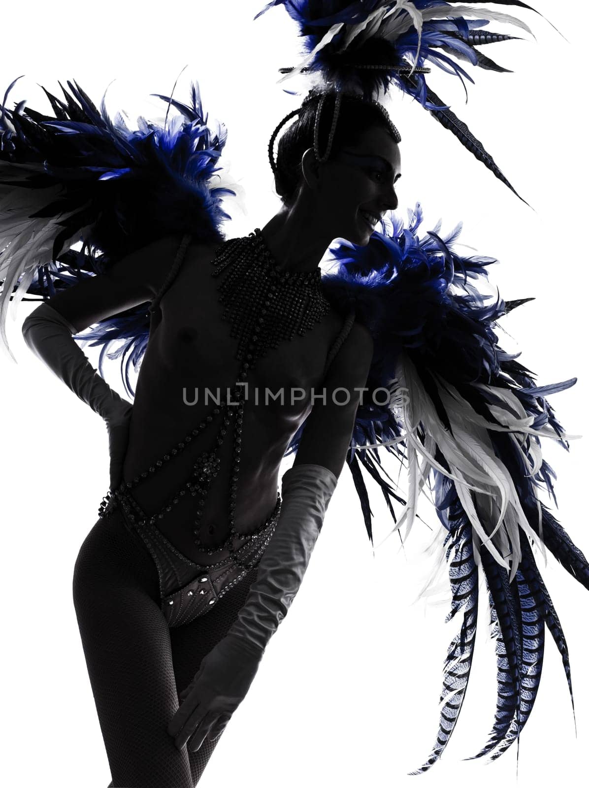 woman showgirl dancer revue dancing in studio isolated on white background