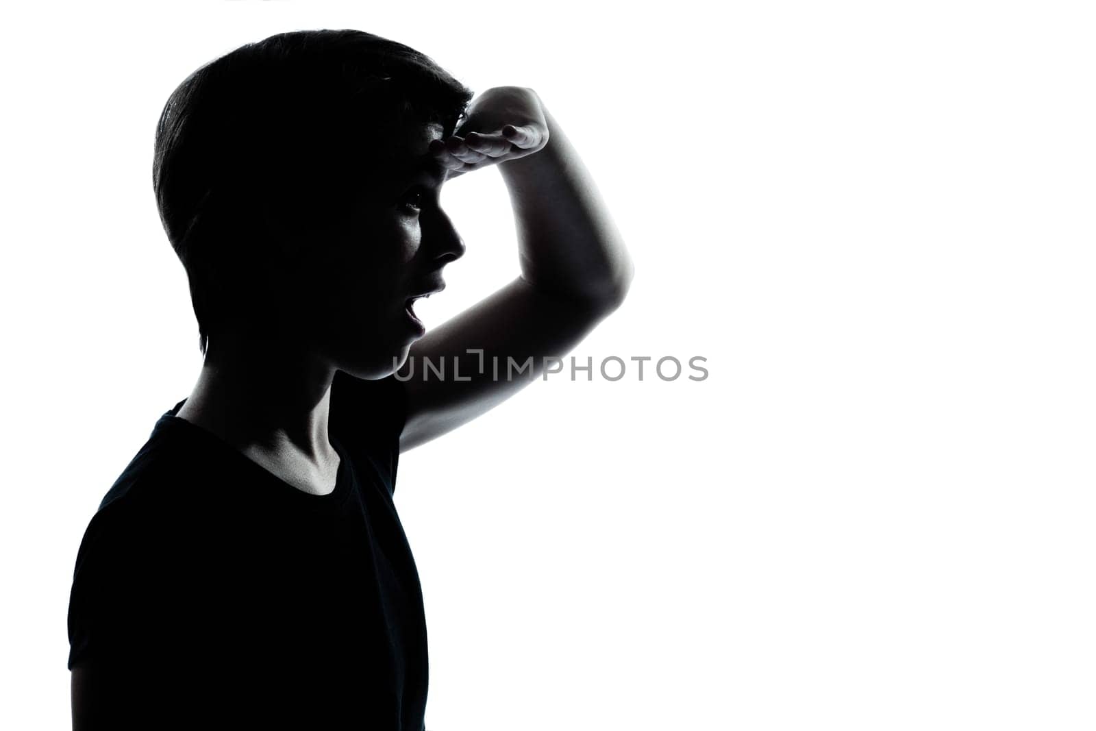 one caucasian young teenager silhouette boy or girl  looking foward  portrait in studio cut out isolated on white background