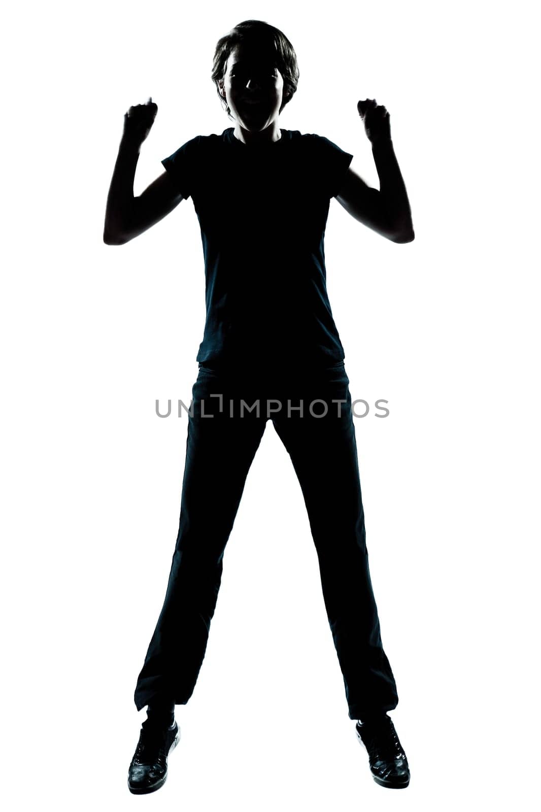 one caucasian young teenager silhouette boy or girl happy jumping screaming full length in studio cut out isolated on white background