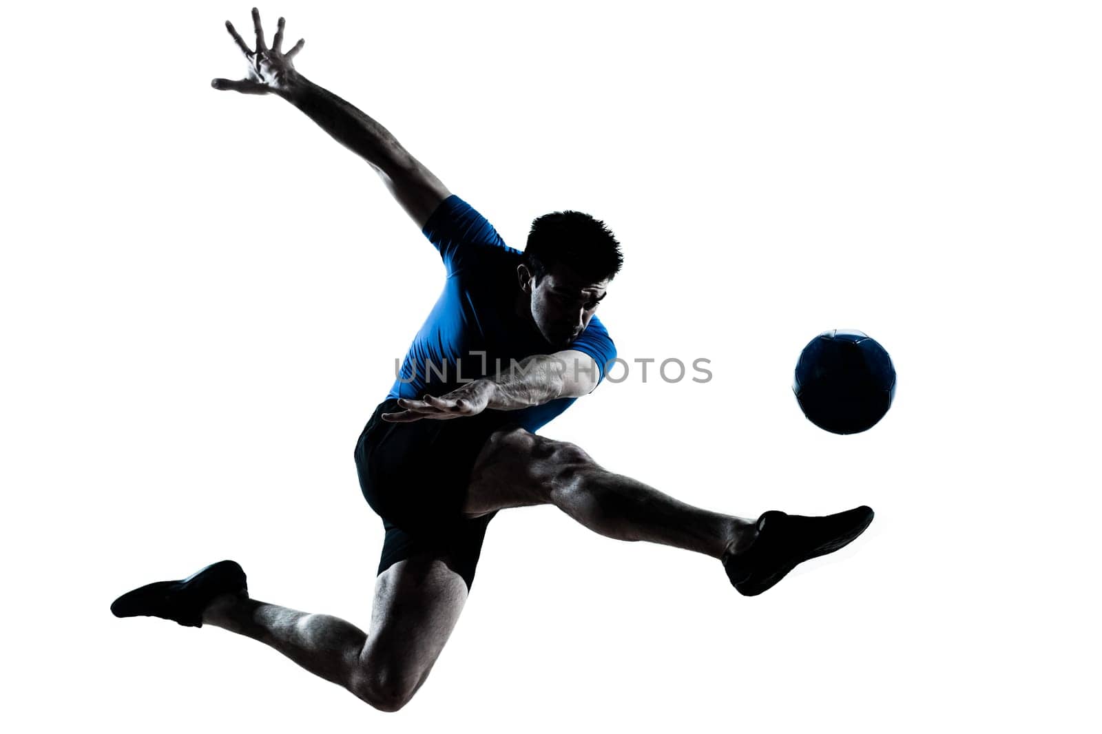 one caucasian man flying kicking playing soccer football player silhouette  in studio isolated on white background