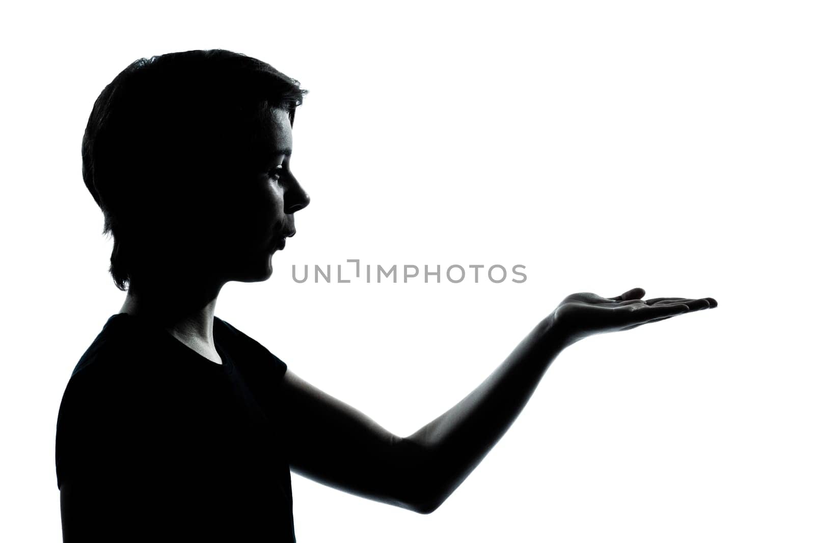one caucasian young teenager silhouette boy or girl empty hands open portrait in studio cut out isolated on white background