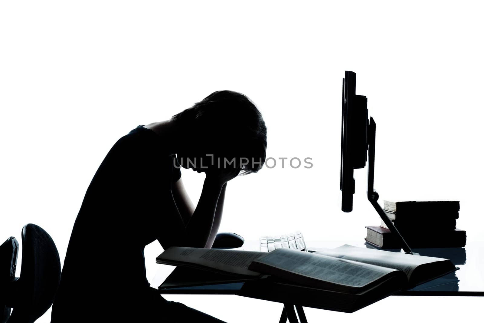 one caucasian young teenager silhouette boy or girl studying with computer computing laptop tired sad despair in studio cut out isolated on white background