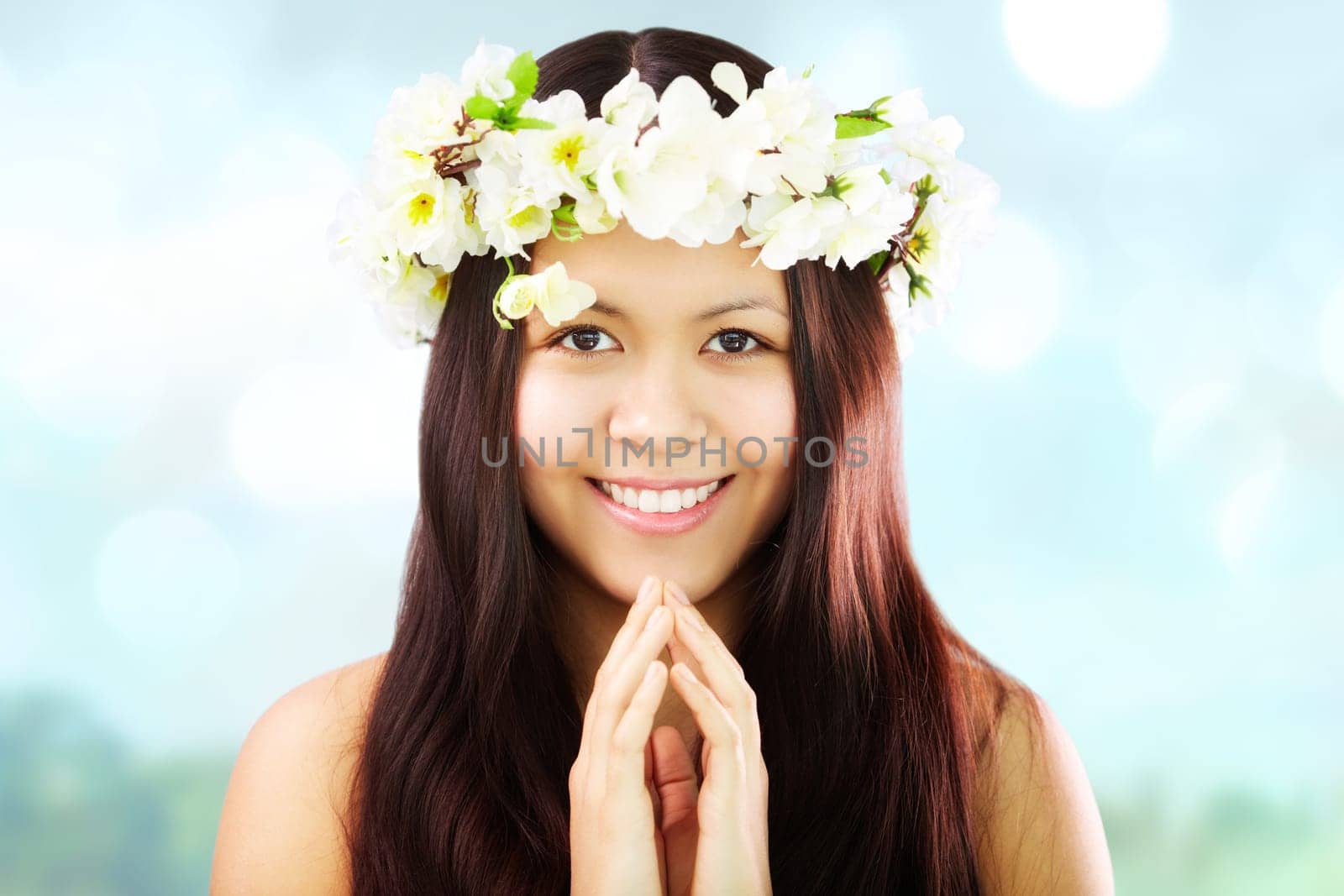 Image of happy female wearing floral wreath on head