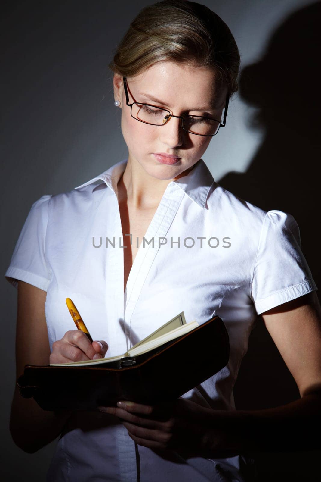Portrait of serious young businesswoman making note in her daily notepad