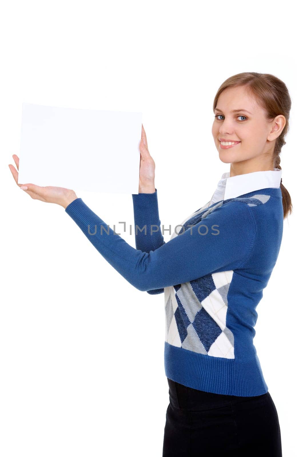 Portrait of smiling woman with blank paper looking at camera