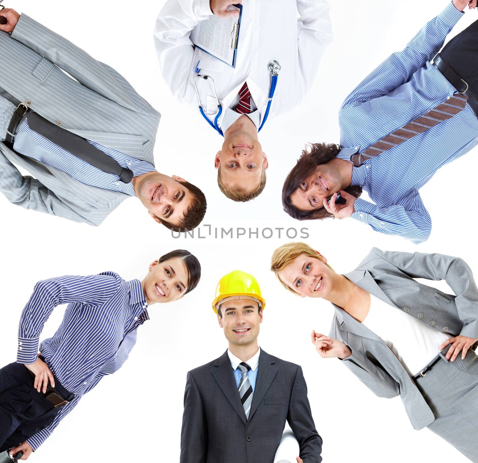 Collage of several professionals looking at camera