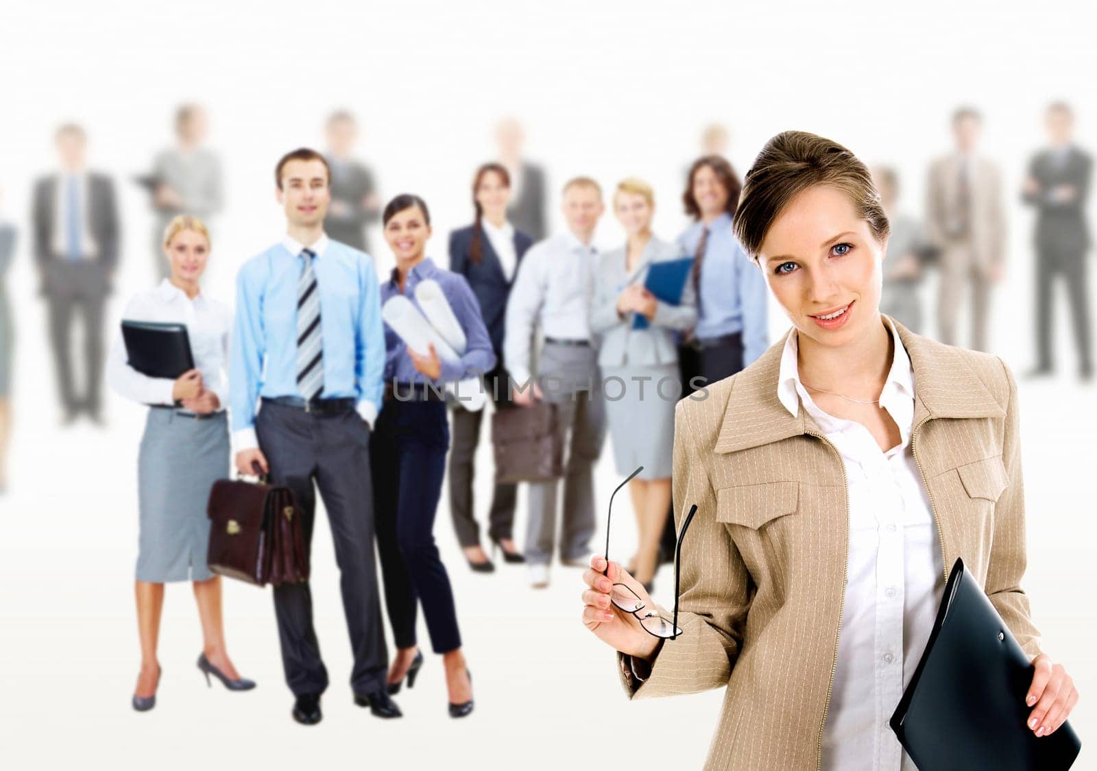 Collage of several business people in different poses with pretty leader in front