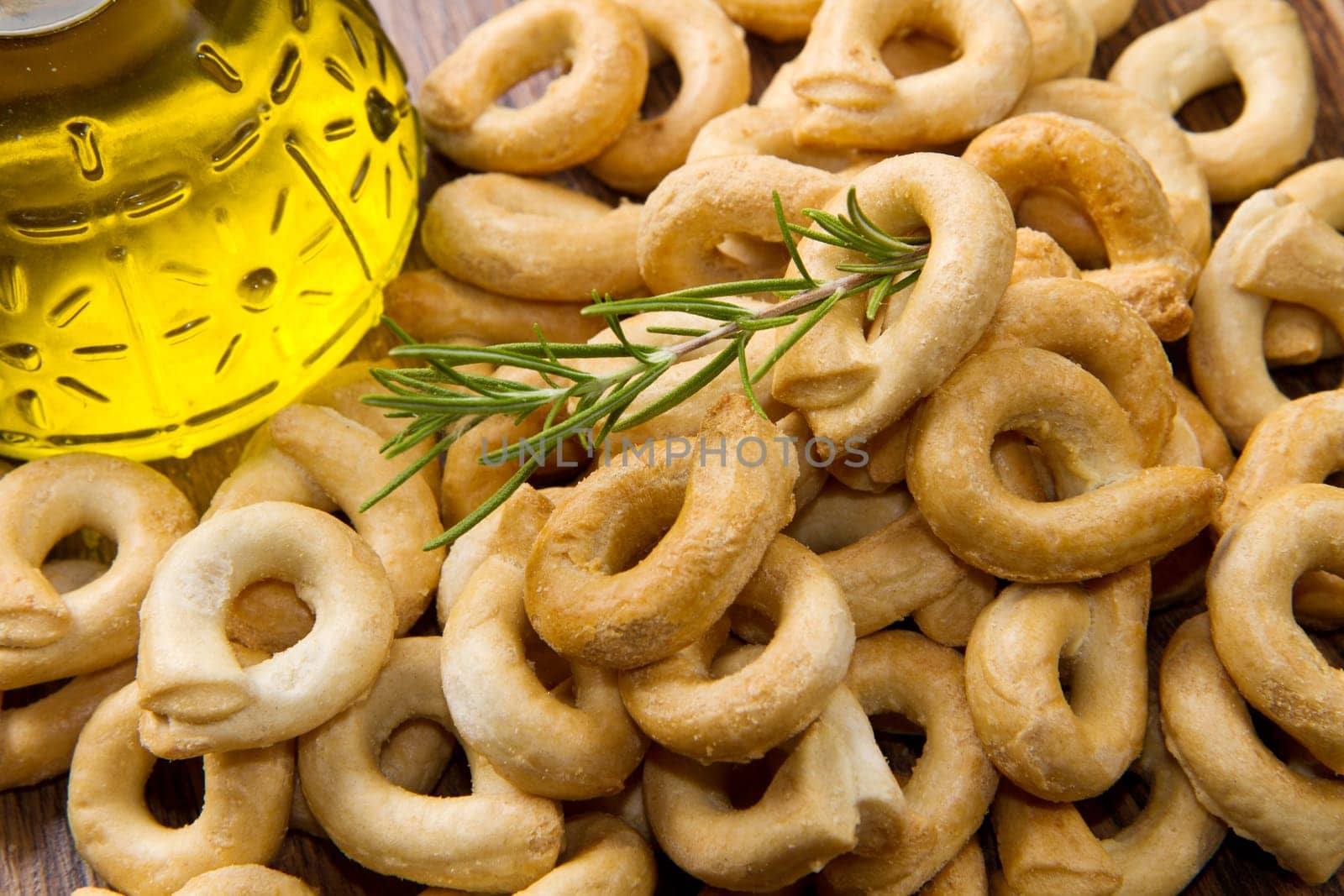 Close up shot of Italian taralli, traditional bakery product isolated on white
