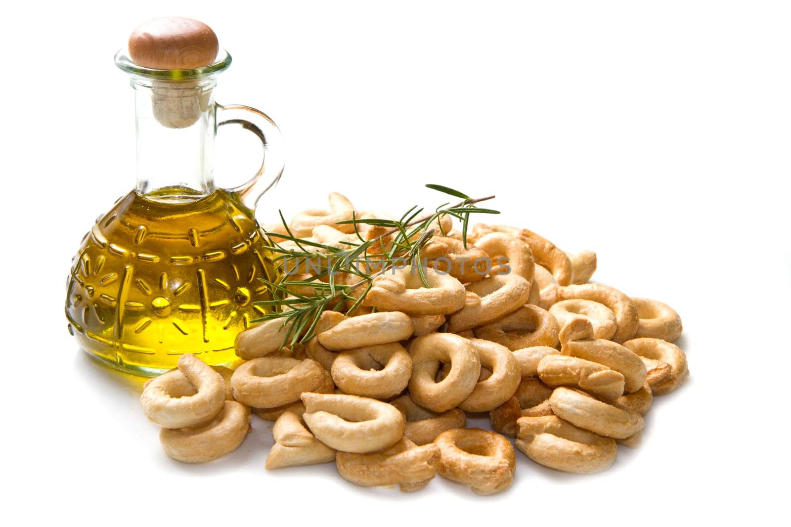 Close up shot of Italian taralli, traditional bakery product isolated on white