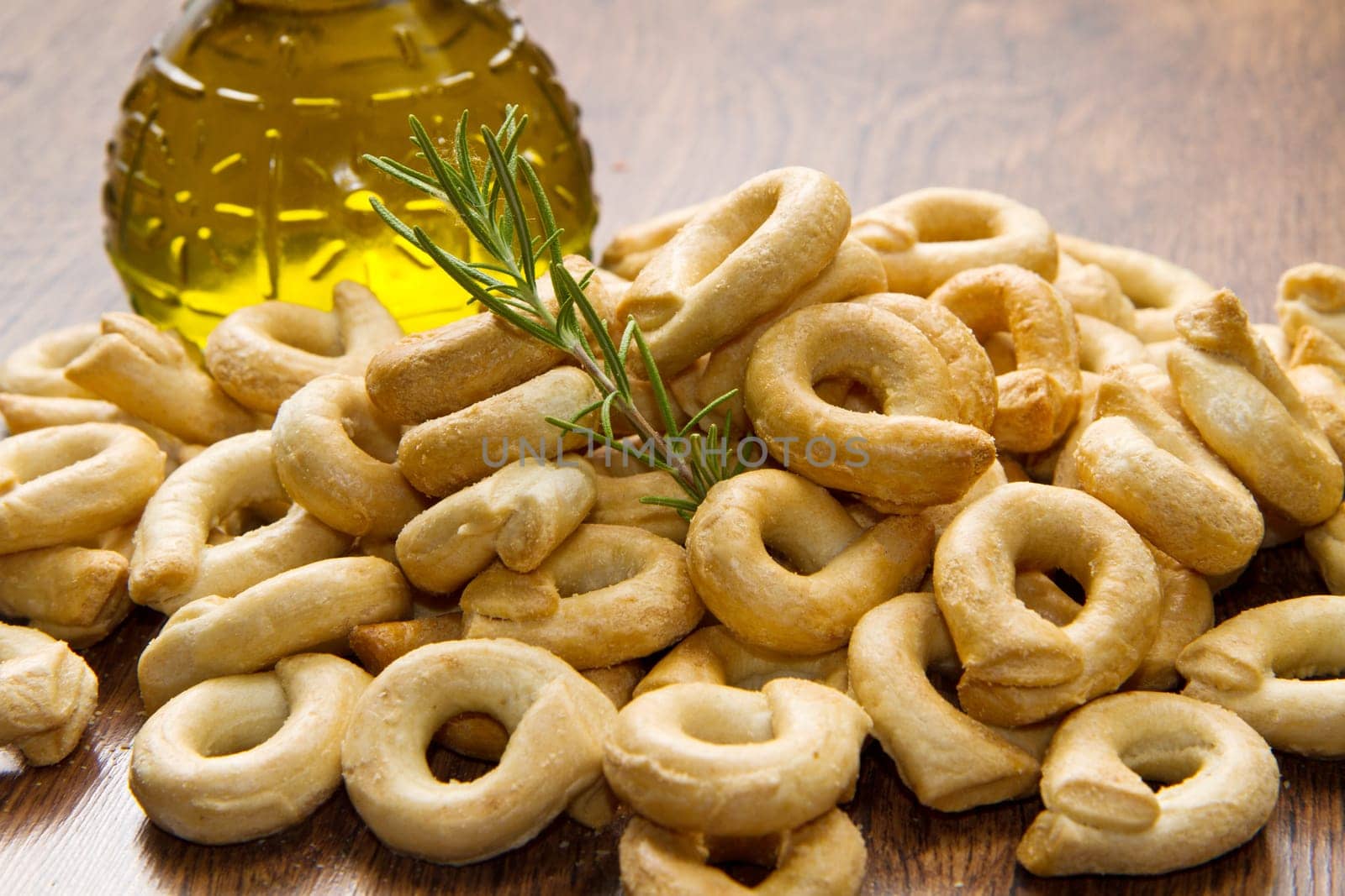 Close up shot of Italian taralli, traditional bakery product isolated on white
