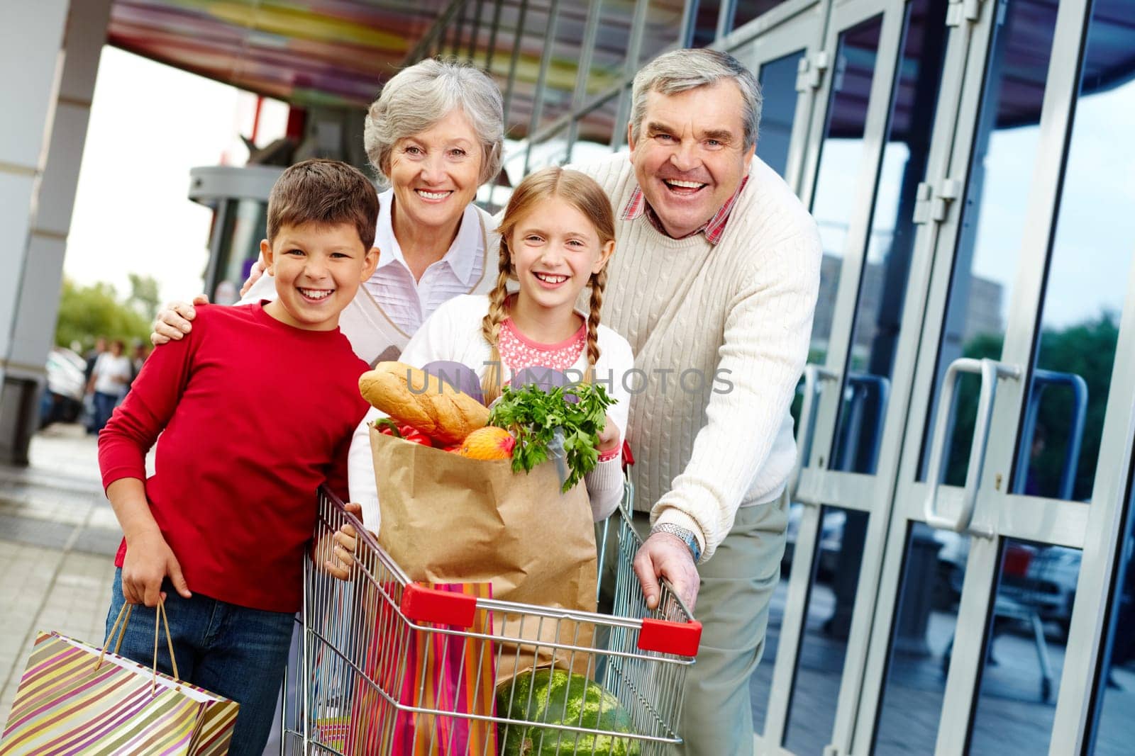 Portrait of happy grandparents and grandchildren near supermarket