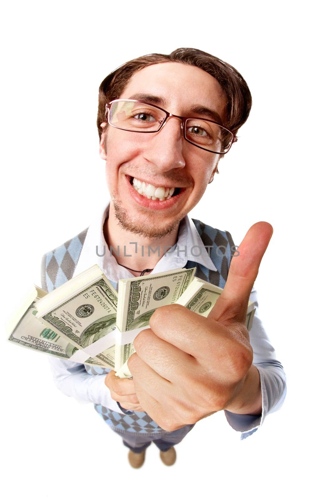 High angle view of a successful man with dollars