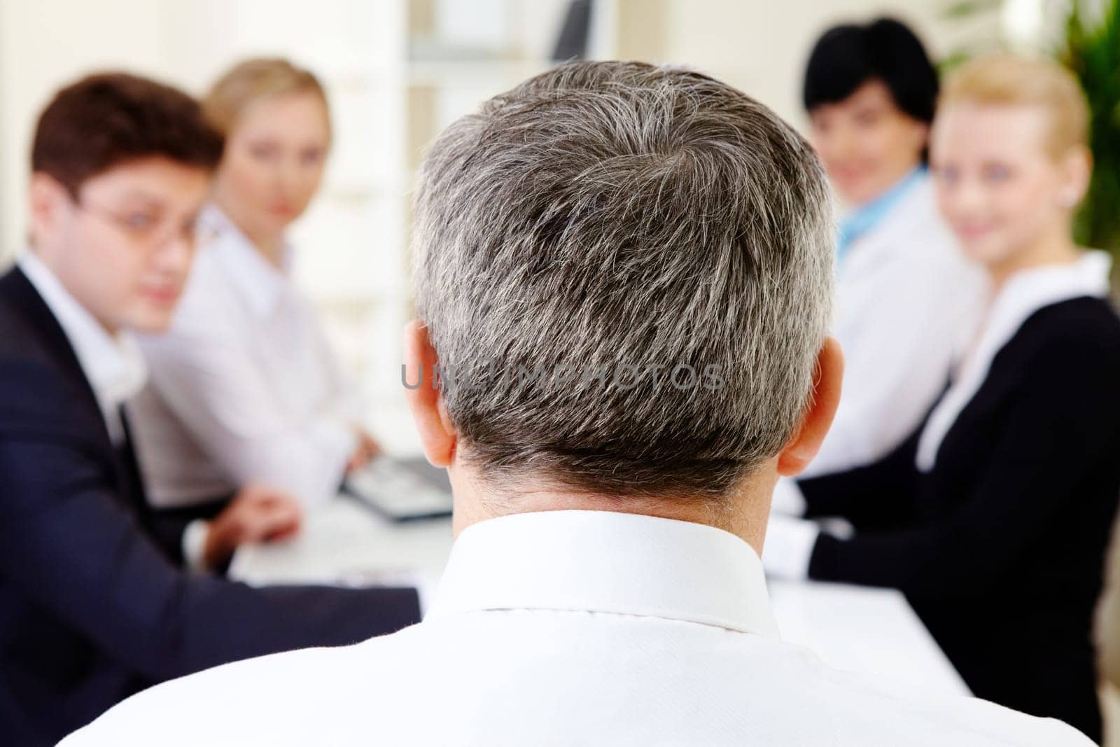 Rear view of aged businessman making report to partners at conference
