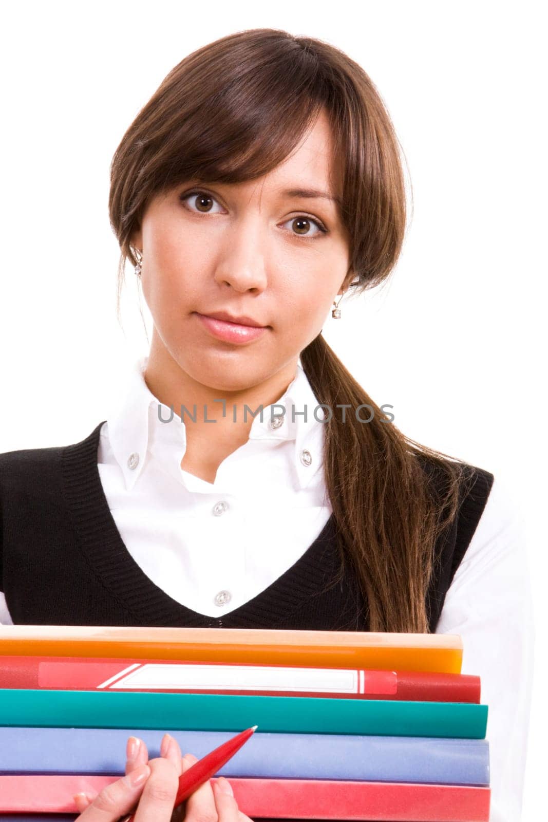Face of pretty girl looking at camera over white background