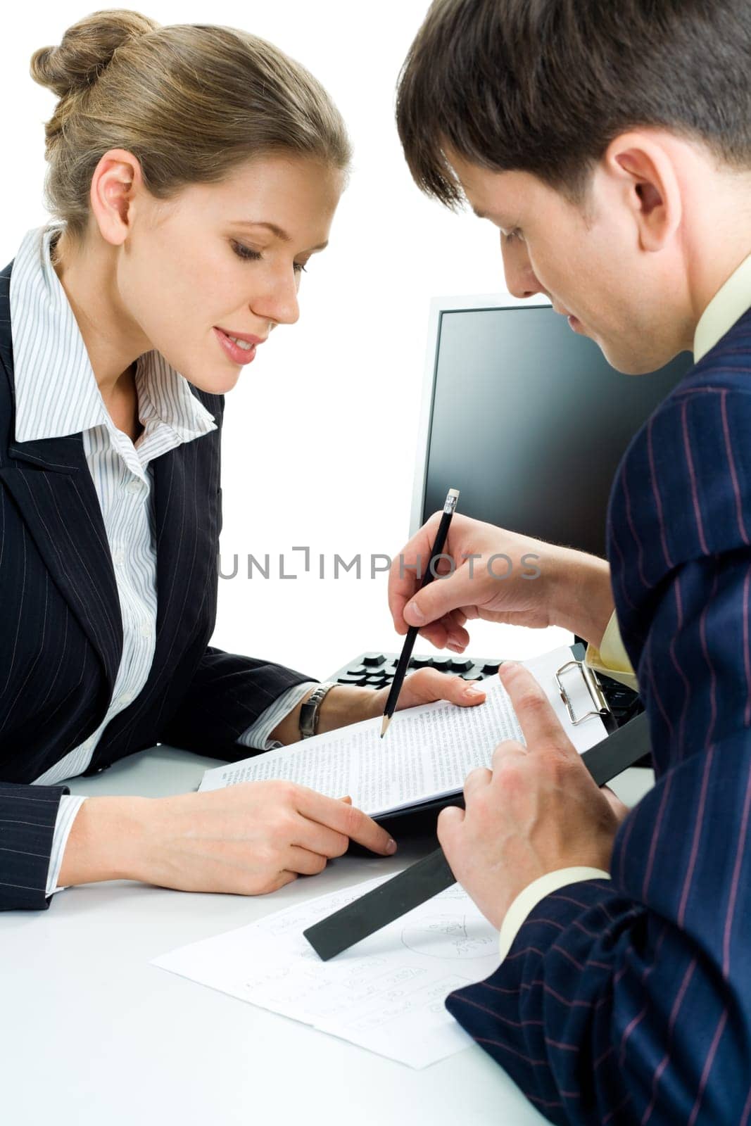 Portrait of confident man showing a business-plan to colleague