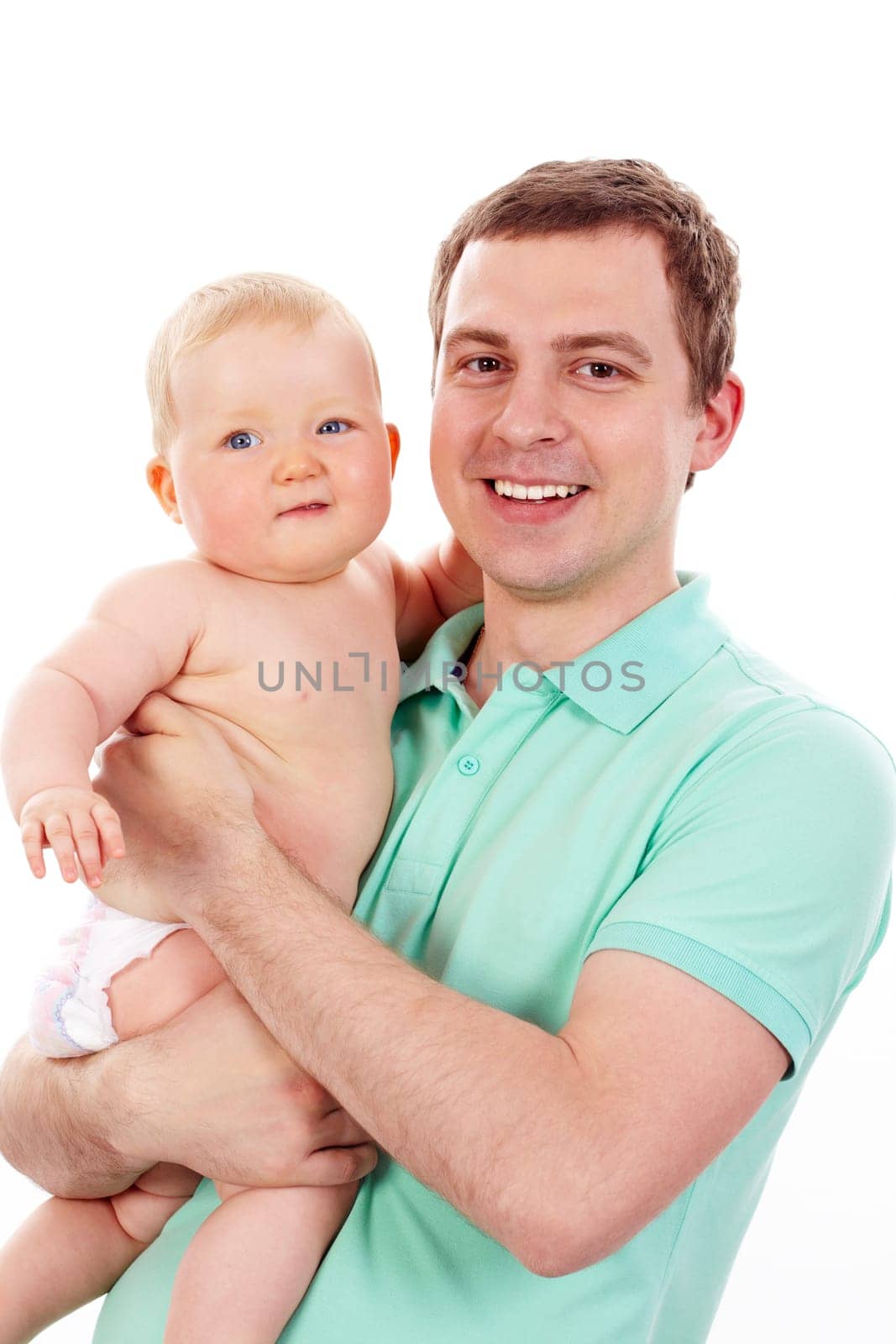 Portrait of loving father and his baby looking at camera