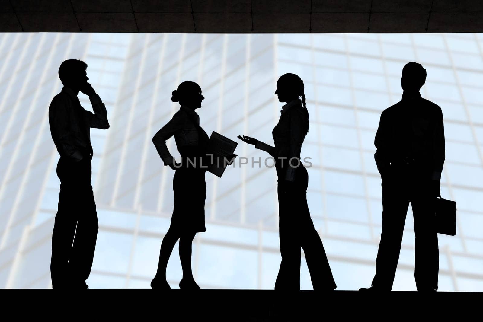 Four outlines of business partners with communicating females between two men