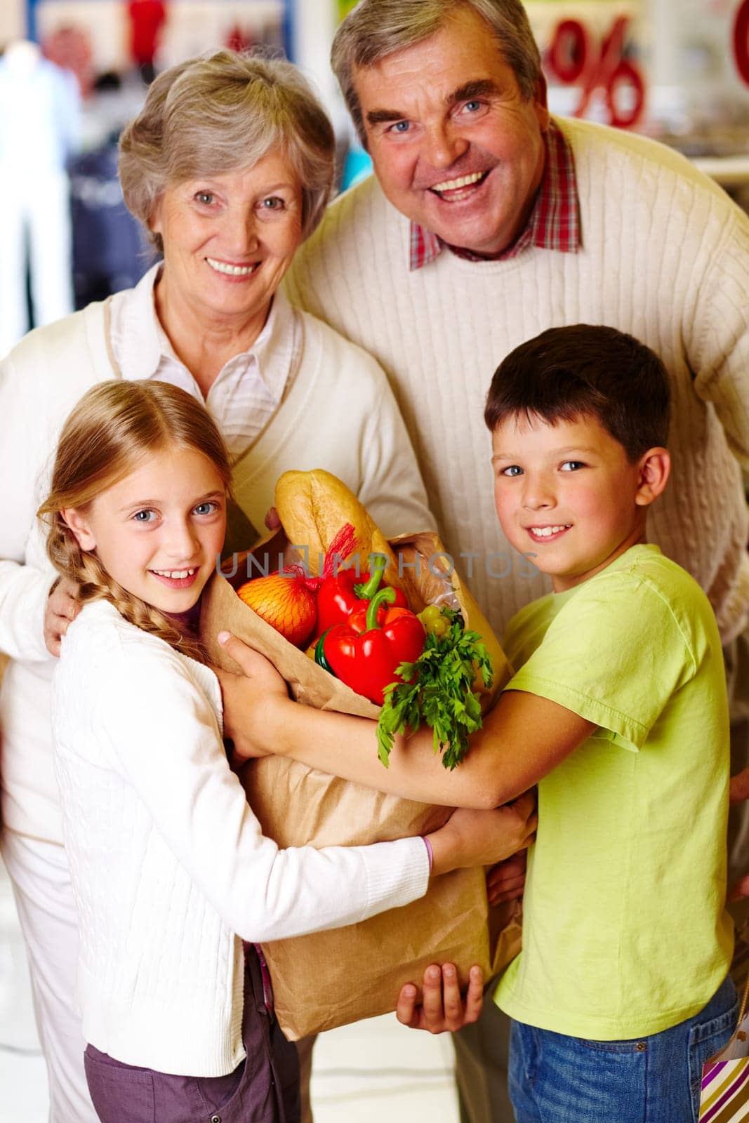 Portrait of happy grandparents and grandchildren holding package with food